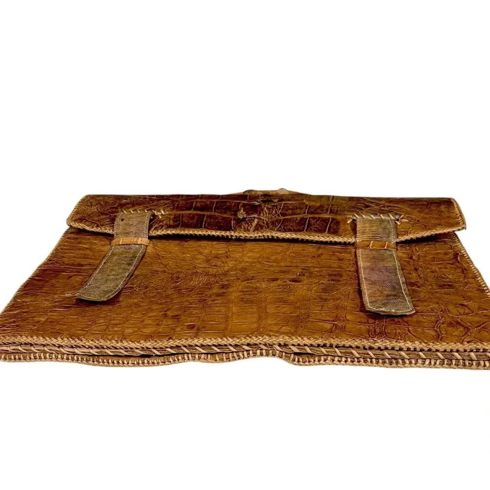 Vintage Alligator Crocodile Skin Briefcase Brown Exotic Leather‎ Lizard Trim